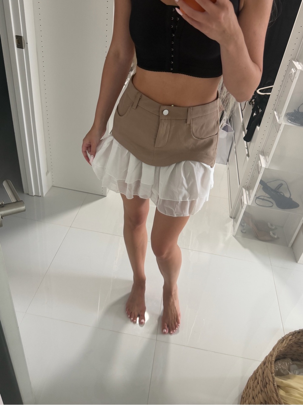 Layered Beige and White Ruffle Mini Skirt